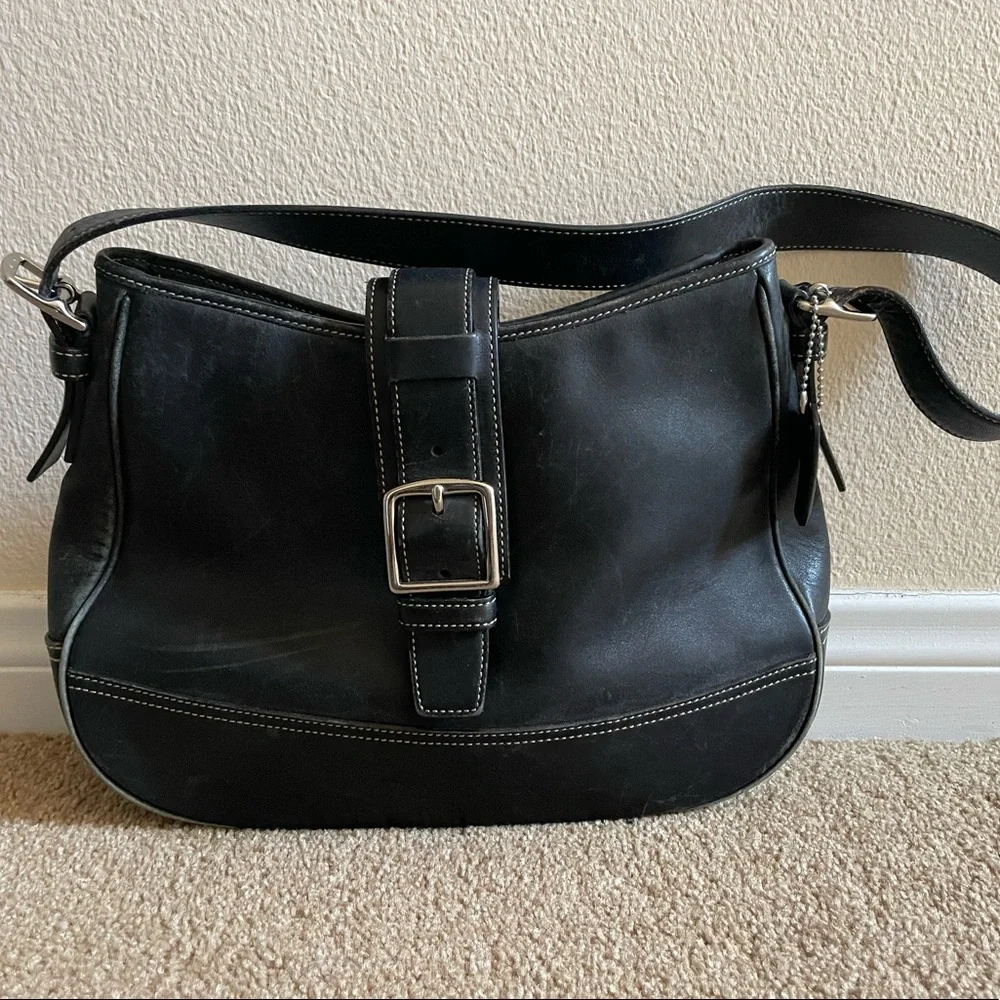 Coach vintage Hampton black leather buckle flap shoulder bag - Picture 1 of 6